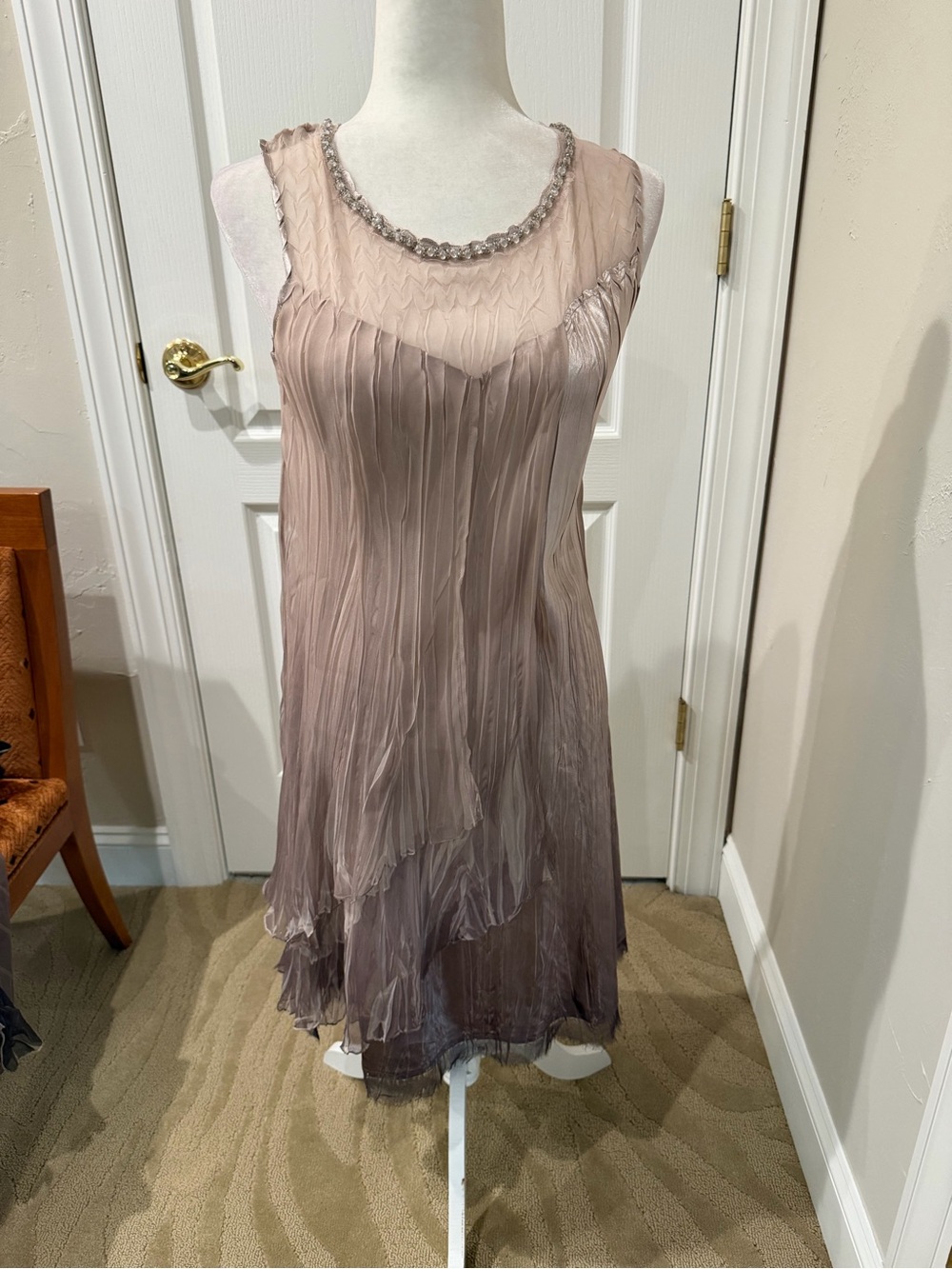 NWT Kimarov Chiffon Sleeveless Pleated Shift Dress with Beaded Neckline size S
